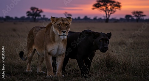 Wallpaper Mural Lioness and panther with rare black fur, with intense gaze and imposing posture, in a savannah setting at dusk, dramatic lighting, realistic photographic style in high resolution. Torontodigital.ca