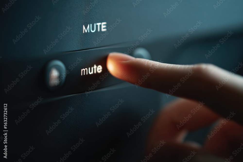 Finger presses illuminated 'mute' button Finger presses illuminated 'mute' button