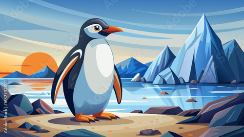 A Gentoo penguin elegantly poses on a pebbly beach, with a blurred scenic background of glacial ice and an ocean, embodying the unique charm of its coastal 