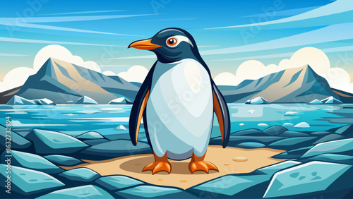 A Gentoo penguin elegantly poses on a pebbly beach, with a blurred scenic background of glacial ice and an ocean, embodying the unique charm of its coastal 