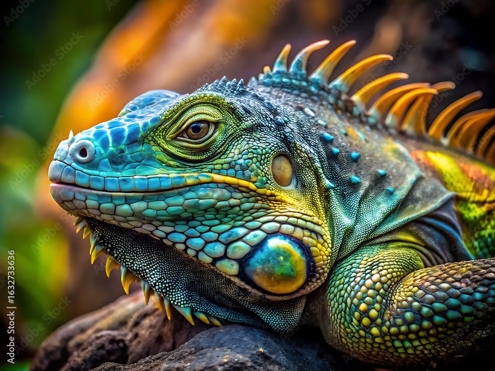 Fototapeta premium A closeup of a colorful iguana with detailed scales and vibrant colors in its natural habitat
