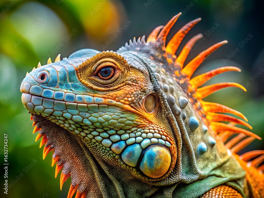 Fototapeta premium A vibrant closeup of an iguanas face, showcasing its colorful scales and intricate details in nature