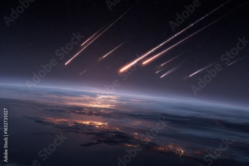 Multiple meteors streaking through the night sky, illuminating the landscape below as they fall towards Earth in the modern era
