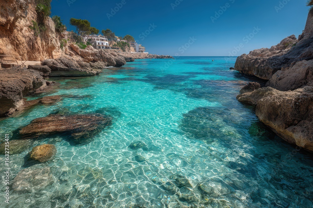 Fototapeta premium Turquoise waters on a sunny day in cala sa nau, majorca, spain