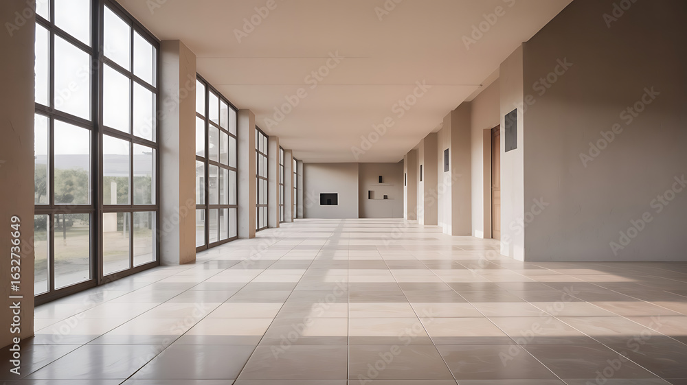 Fototapeta premium Empty, sunlit hallway with large windows. 