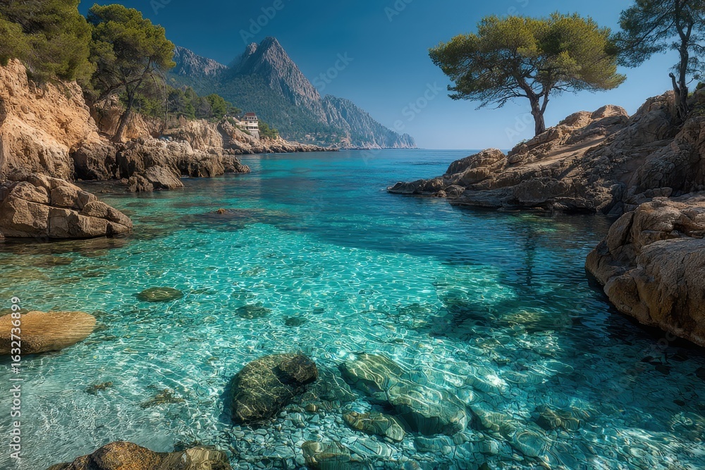 Fototapeta premium Turquoise waters on a sunny day in cala sa nau, majorca, spain