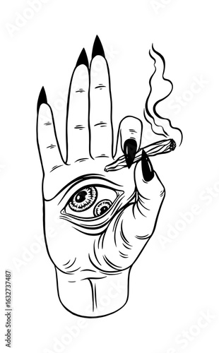 a witch's hand with an all-seeing eye holds a cigarette butt