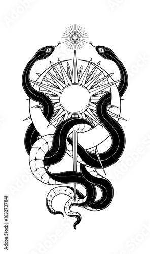 Magic snakes with crescents, star and sun