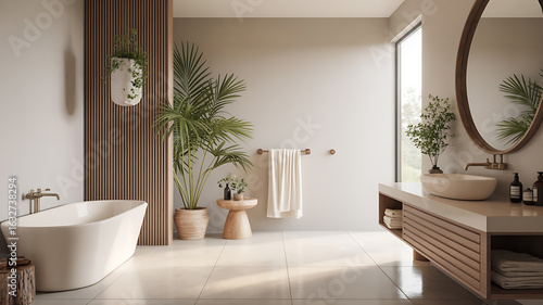 Modern bathroom with warm tones, plants, and a soaking tub.
