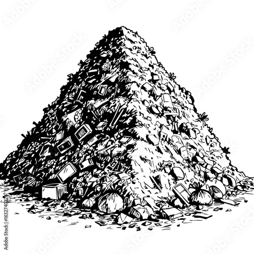 Waste dump showing scattered trash, garbage heap represents environmental pollution. Waste dump accumulating rubbish and litter contributes to global warming.