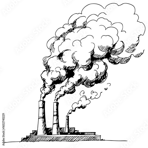 Factory pollution billowing from industrial plant, filling air with thick smoke. Factory pollution is serious issue for environment, contaminating air and water,