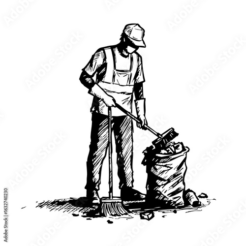 Person collecting garbage shown in ink drawing style, focusing on community cleanup and public service. Community cleanup involves volunteer work and individual effort to improve environment.