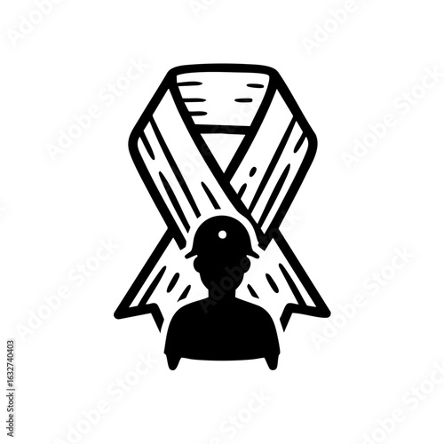 Memorial day for workers with a black ribbon and silhouette of builder as symbol of respect and remembrance. Memorial day for workers represents support, solidarity for those lost,