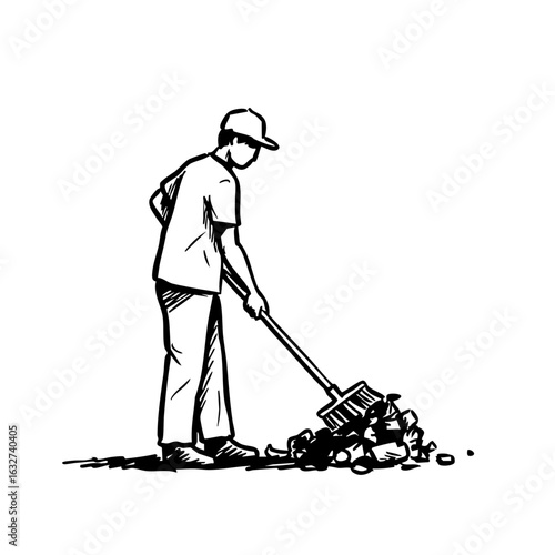 Person cleaning the streets with a broom, tidying trash into a pile. Cleaning streets involves daily maintenance and civic duty to keep urban areas pristine.