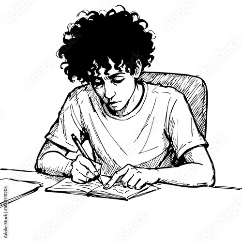 Focused student writing at desk with journal, focused student immersed in studies, carefully jotting notes in sketchbook. Detailed pen and ink drawing of focused student,