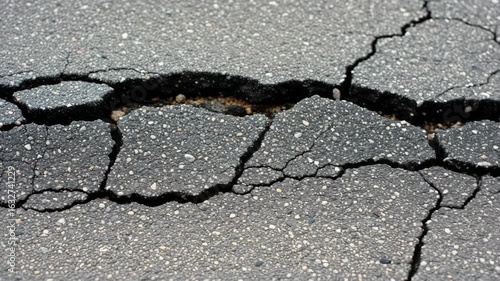 Dramatic asphalt cracking on road surface illustrating infrastructure deterioration over time