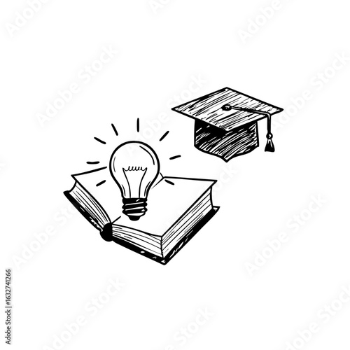Open book with idea bulb and graduation cap symbolizes education. Education symbol sits atop book as a symbol of learning. Education, concept for higher knowledge and educational progress.