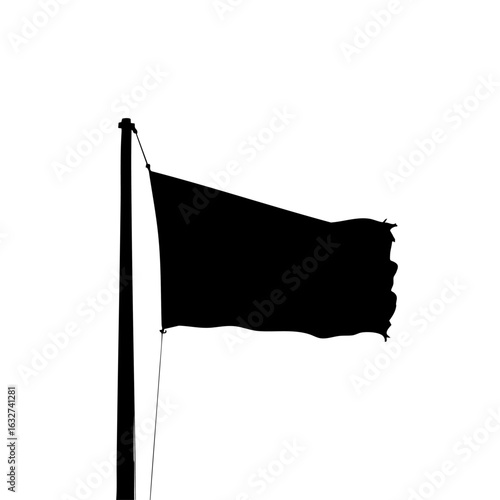 Black flag waving on pole for symbolic demonstration. Black flag on pole for protesting, concept of anarchy and surrender. Minimalist black flag on pole for conceptual graphic design.