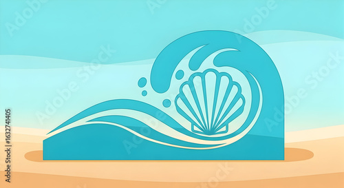 Elegant Seashell Emblem On Aqua Wave For Beach Vacation Design