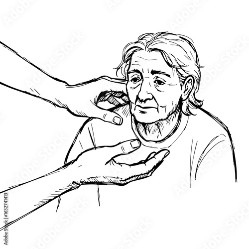 Emotional support with gentle hands comforting mature woman's face. Giving emotional support emphasizes care for senior wellbeing, showing empathy and understanding in touching moment.