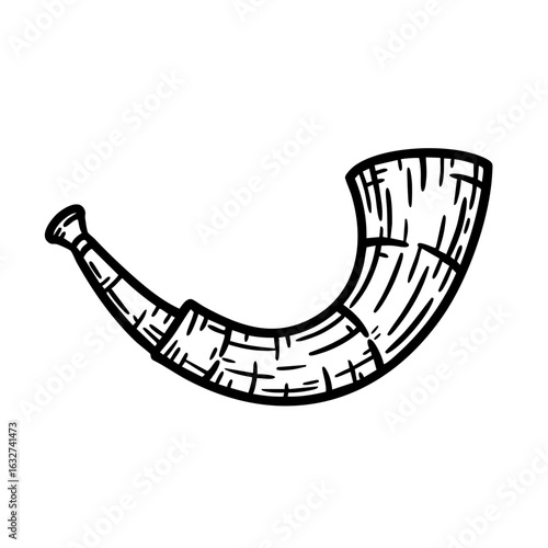 Depicting a hunting horn in black outline. This hunting horn features detailed strokes and curves, classic symbol for hunters. This hunting horn is perfect for vintage hunting illustration.