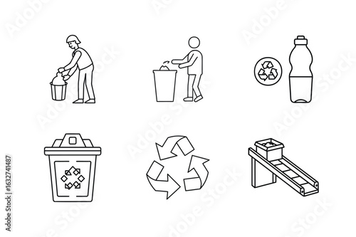 Recycling Sign Set. A person collecting trash, a plastic bottle and recycling, a recycling symbol with arrows  and  more. Vector illustration