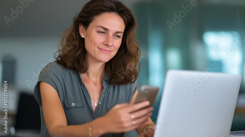 Businesswoman Multitasking at Her Office Desk Online