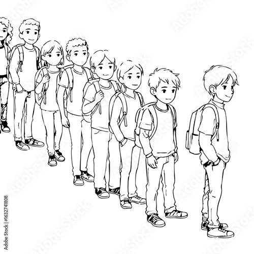 School children standing in line waiting for school bus. Students with backpacks are ready for class.  Illustration of school children waiting in queue for lessons.