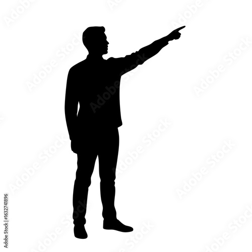 Silhouette man pointing highlights an adult figure in solid black form, isolated on white background. Silhouette man pointing up with outstretched arm, makes bold statement.
