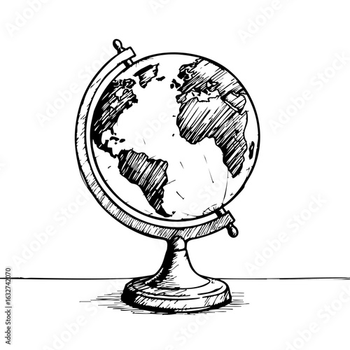 A sketched globe shows geographic map. Sketched globe on display as a miniature version of earth. This sketched globe is perfect for educational resources.