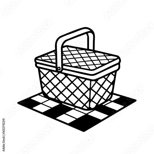 Picnic basket icon, simple graphic element for outdoor activities. Picnic basket sits on checkered picnic blanket, ready for enjoyable picnic experience. Use picnic basket icon for websites, apps,