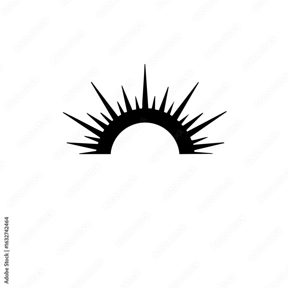 Obraz premium Stylized rising sun with semicircular body and sharp radial rays. Rising sun illustration symbolizes new beginnings, hope, and enlightenment.