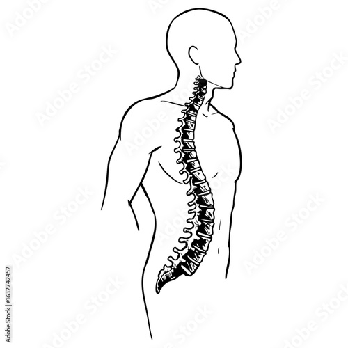 Human scoliosis illustration showing spine curvature and human silhouette. Scoliosis condition causes abnormal spine curvature and skeletal deformation, which can be painful.