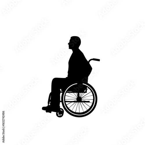 Man in wheelchair silhouette on white background. Silhouette of man depicts accessibility and inclusion, as figure uses mobility device. Conceptual silhouette of man implies perseverance,