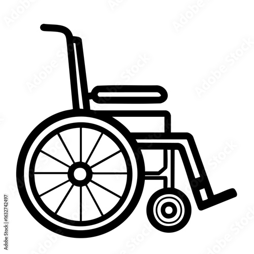 Simple wheelchair illustration against white background, simple wheelchair image emphasizes independence and accessibility. Modern simple wheelchair presents mobility assistance,
