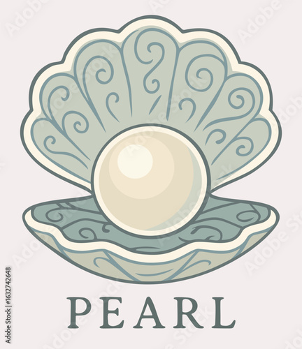 Pearl in shell. Soft pastel vector illustration with lettering
