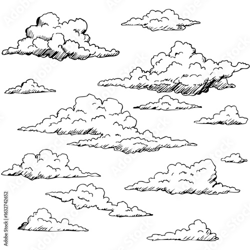 Hand-drawn clouds sketched with black ink create an airy, atmospheric illustration. Hand-drawn clouds, each unique in its form, evoke a sense of freedom and limitless space.