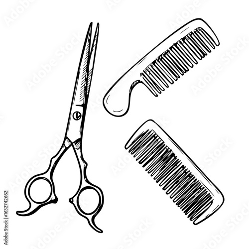 Barber equipment illustration featuring open scissors and two combs. Barber equipment depicts necessary hairdressing tools in salon, from cutting to styling.