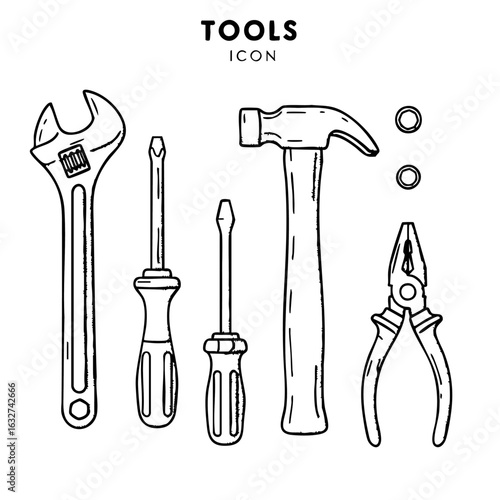 Various hand tools in minimalist line art style, with tools icons showing utility, perfect for repair shops. Construction tools include hammer, adjustable wrench, pliers, and screwdrivers,