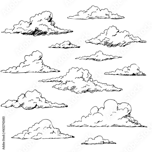 Cloud drawing shows detailed cumulus and nimbus formations in grayscale. Cloud drawing includes various puffy shapes sketched artistically, useful for weather forecasts or atmospheric studies.