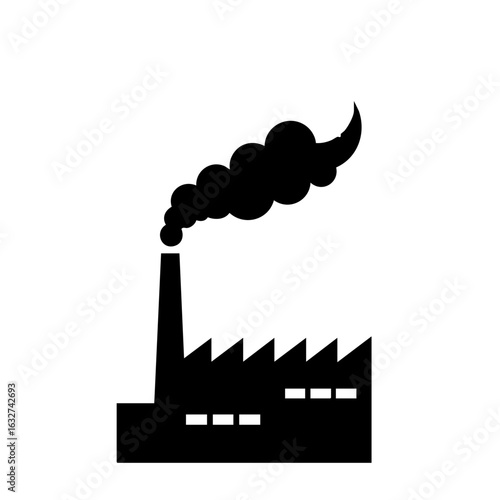 Illustrative factory icon against white backdrop. Factory icon silhouette illustration shows environmental industrial emissions, pollution and power plant.