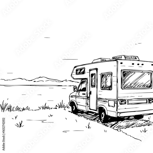 RV camping sketch in black and white shows camper parked near lake. RV camping scene is perfect getaway. RV camping evokes feeling of peace, serenity, and enjoying the outdoors.