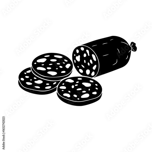 Sliced sausage showcasing its texture, sliced sausage illustration in black and white. Delicious sliced sausage for gourmet food projects, perfect for menus and culinary designs. Ready to print,