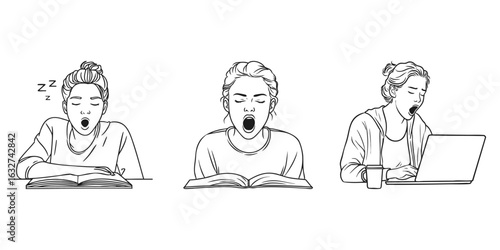 Yawning Woman Studying And Working Set. Fatigue And Sleepiness Concept Collection. Isolated Vector Illustration