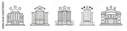 Hotel Building Icons Set. Hospitality And Accommodation Collection. Isolated Vector Illustration