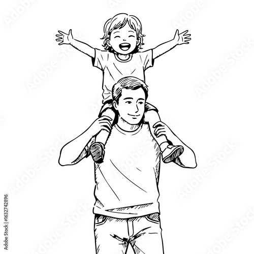 Father carrying child on shoulders illustration showcases precious moment of family love. Father carrying child depicts cheerful bonding with happy kid sitting high.