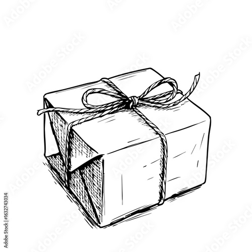 Gift box tied with twine. Simple gift package wrapped in kraft paper.  Rustic gift packaging concept for small presents. This simple gift box is perfect for any occasion.