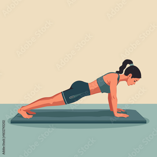 Young woman practicing plank exercise on yoga mat indoors  