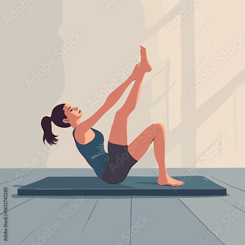 Young woman stretching on exercise mat in bright indoor space  