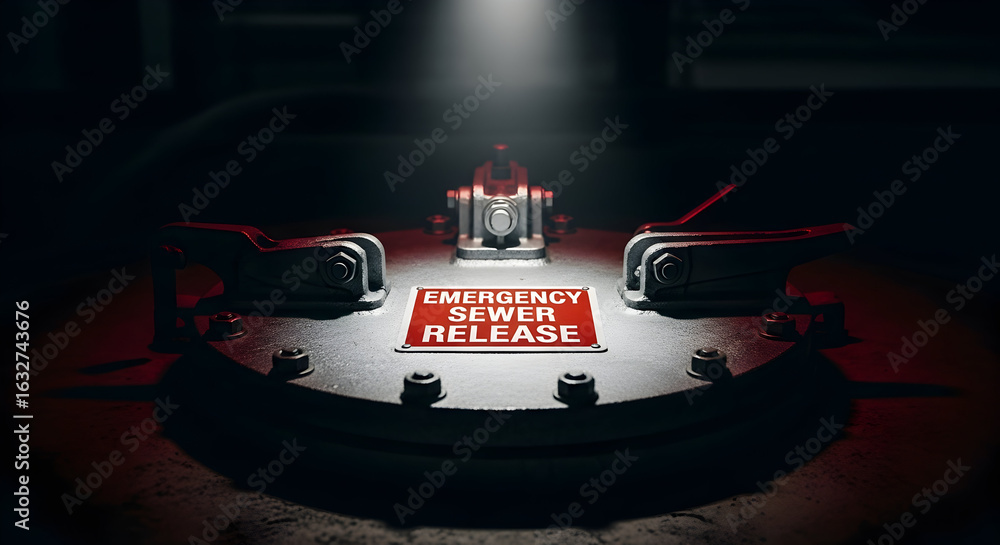 Fototapeta premium Emergency Sewer Release Hatch Under Spotlight In Dark Mysterious Underground Environment